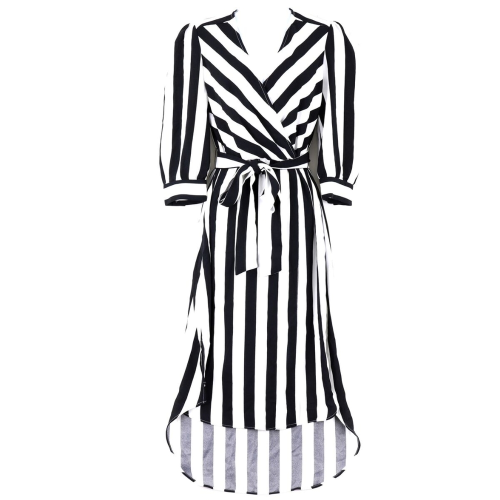 Bar III Striped Wrap Dress black and white